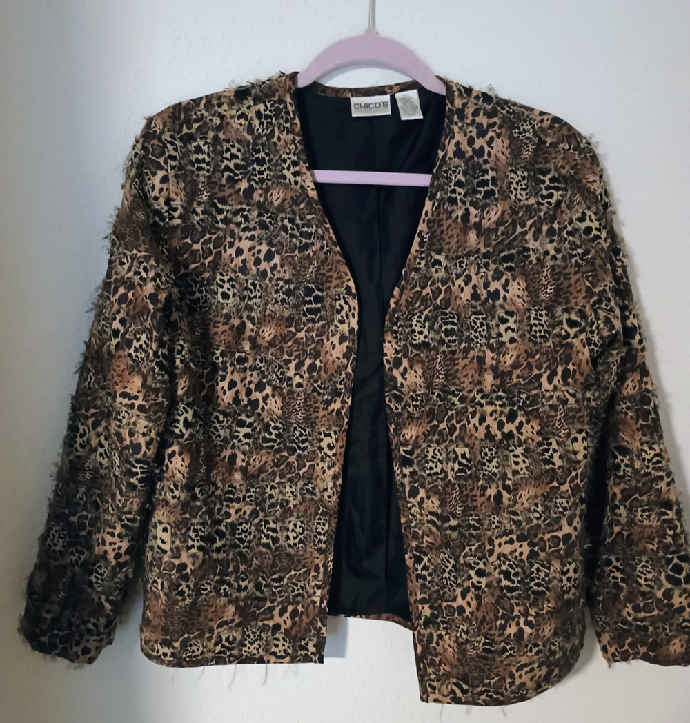 Chico's Silk Animal Print Patchwork Open Front Shabby Chic Jacket Sz 0 or S